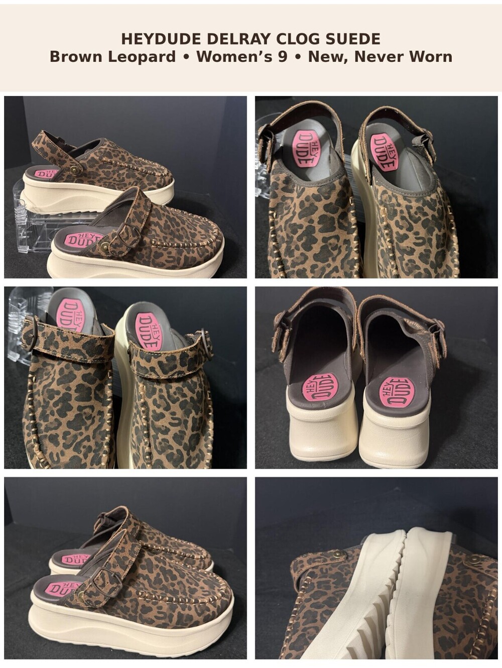 New HEYDUDE Delray Clog Suede Brown Leopard W9